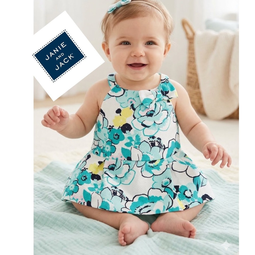 Janie and Jack Baby Girls Floral Pique Bow Top Teal Yellow 3-6 Months kawaii